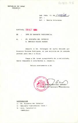 [Remite fotocopia de carta enviada por Dionicio Morales Rodríguez, el que solicita se le conceda permiso para venir a Chile].
