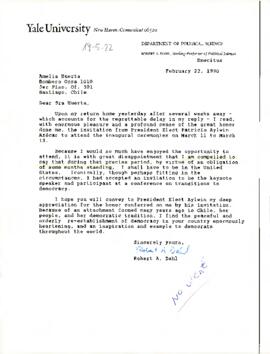 [Carta de Robert A. Dahl, Profesor de Ciencias Políticas de la Universidad de Yale, declinando invitación a acto de toma de posesión].