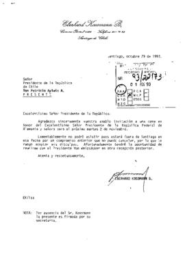 [Carta de Eberhard Kossma B. excusándose por no poder asistir a cena en honor a Presidente de la República Federal Alemana]