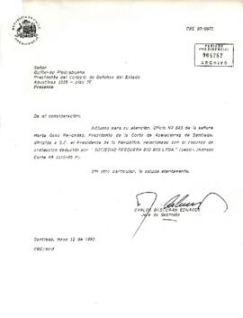 [Carta dirigida a Guillermo Piedrabuena Presidente Consejo de Defensa remitiendo Oficio Nº 143 sobre recurso de protección]