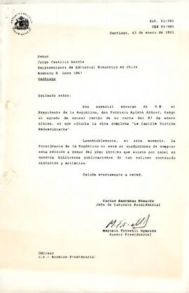 [Carta de respuesta a Editorial Encuentro en Chile desistiendo de comprar obra]