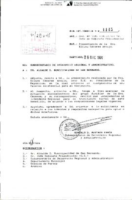 [Carta al Sr. Alcalde de la I. Municipalidad de San Bernardo, sobre requerimiento de Eliana Cáceres]