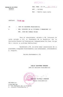 [Carta del Jefe de Gabinete de la Presidencia a Ministra (S) de Vivienda y Urbanismo]