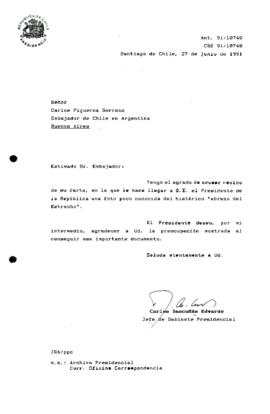 [ Carta de agradecimiento al Embajador de Chile en Argentina por el envío de una fotografía poco ...