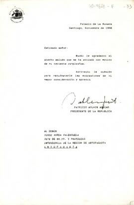 [Carta enviada a Jefe de RR.PP y protocolo de Intendencia de Antofagasta en respuesta a saludo de cumpleaños]