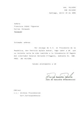 Carta  remitida a la Intendencia VI Región del Libertador General Bernardo O'Higgins