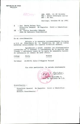 [Carta del Jefe de Gabinete de la Presidencia a Directora General de Registro Civil]