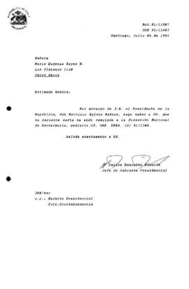 [Carta de Carlos Bascuñan informando a María Eugenia Reyes N. que su solicitud fue enviada a la Dirección Nacional de Gendarmería]