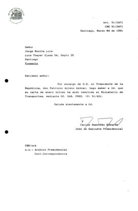 [Carta de respuesta por remisión de correspondencia enviada al Presidente, redirigiéndola al Ministerio de Transporte]