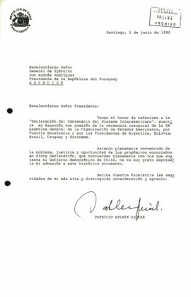 [Carta del Presidente Patricio Aylwin al Presidente de Paraguay]