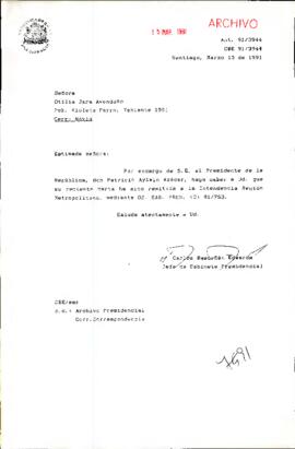 Carta remitida a la Intendencia Región Metropolitana, mediante Of. GAS. PRES. (0) 91/763