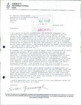 [Carta de miembro de Amnistía Internacional dirigida al Presidente Patricio Aylwin, referente a mapuches detenidos desaparecidos]