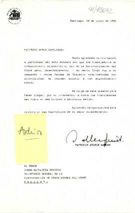 [Carta del Presidente Aylwin al Secretario General de la Confederación de trabajadores de Chile, rechazando invitación a  Acto Solemne].