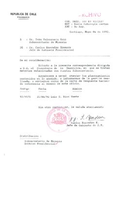 [Carta del Jefe de Gabinete de la Presidencia a Subsecretario de Minería]