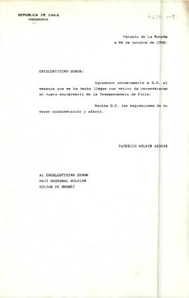 [Carta de S.E El Presidente de la República a Sultán de Brunei]