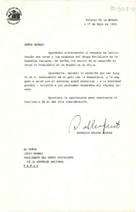 [Carta del Presidente Aylwin al Presidente del grupo Socialista de Asamblea Nacional Francesa, agradeciendo felicitaciones por asunción al mandato].