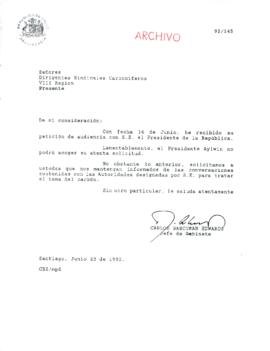 [Carta del Jefe de Gabinete de la Presidencia a Dirigentes Sindicales Carboníferos de la VIII Región]