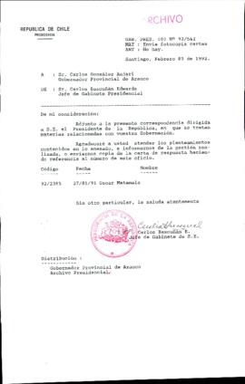 [Carta de Jefe de Gabinete de la Presidencia a Gobernador Provincial de Arauco]