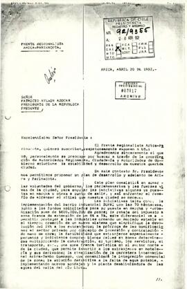 [Carta con proposición de desarrollo regional del Frente Regionalista Arica-Parinacota]