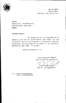[Carta de respuesta enviada a la Sra. Felisa Hernández a remitiendo su carta a SEREMI de Salud IX Región]