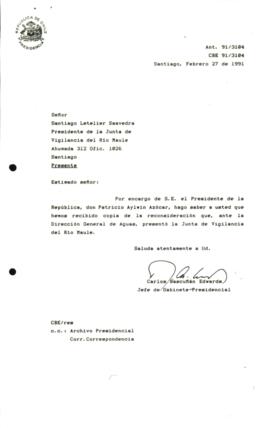 [Carta de respuesta  acusando la recepción de la copia de la reconsideración presentada por la Junta de Vigilancia del Río Maule ]