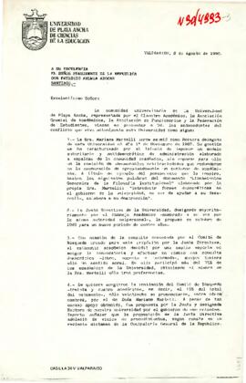 [Carta con antecedentes de conflicto que vive la Universidad de Playa Ancha y  solicitud de remoción del cargo de Rectora de la Sra. Mariana Martelli ].