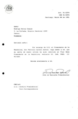 Carta remitida al Plan Beca Presidente de La República
