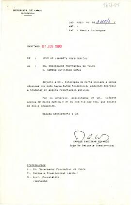 [Carta del Jefe de Gabinete Presidencial al Gobernador Provincial de Talca]