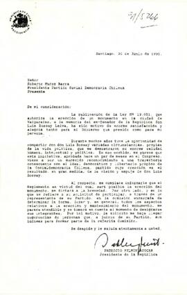 [Carta dirigida a Roberto Muñoz Presidente Partido Social Democracia sobre monumento a ex-senador Bossay]
