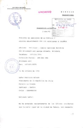 [Traducción auténtica carta Ministra de Servicios de Familia y de los Asuntos Indigenas expresa preocupación por la detencón de dirigentes mapuches de Consejo de Todas Las Tierras]