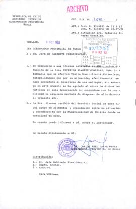 [Oficio del Gobernador Provincial de Ñuble dirigido al Jefe de Gabinete Presidencial referente a caso social]