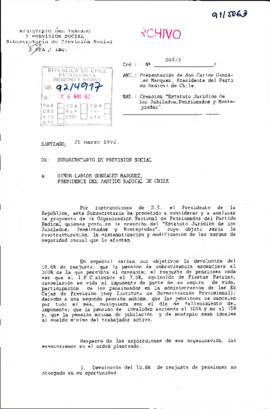 [Carta del Subsecretario de Previsión Social dirigida al Presidente del Partido Radical de Chile, Sr, Carlos González Márquez]