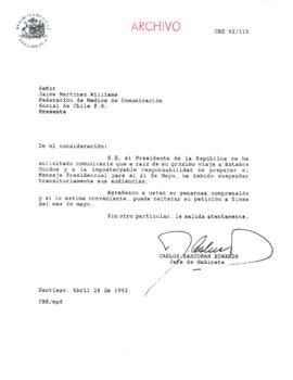 [Carta del Jefe de Gabinete de la Presidencia a Presidente de la Federación de Medios de Comunicación Social de Chile F.G.]