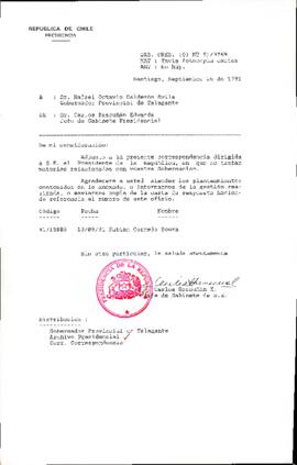 [Oficio del Jefe de Gabinete Presidencial dirigido al Gobernador Provincial de Talagante]