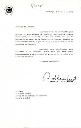 [Carta del Presidente Aylwin al Rector de la Universidad de Educares, rechazando invitación a acto de homenaje].