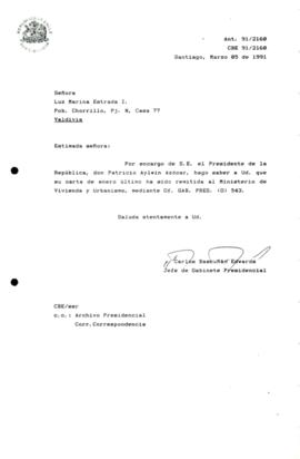 [Carta de respuesta del Jefe de Gabinete Presidencial sobre correspondencia remitida al Ministerio de Vivienda y Urbanismo ]