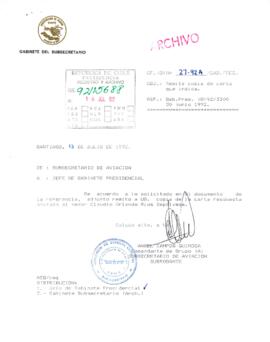 Carta del Subsecretario de Aviación Subrogante dirigida al Jefe de Gabinete Presidencial]