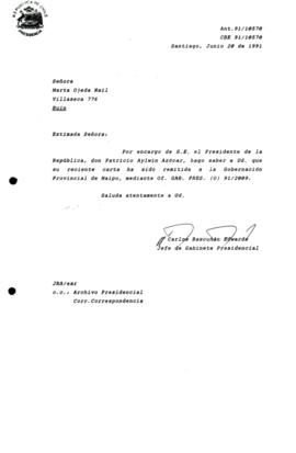 [Carta de respuesta por remisión de correspondencia enviada al Presidente, redirigiéndola a la Gobernación Provincial de Maipo ]