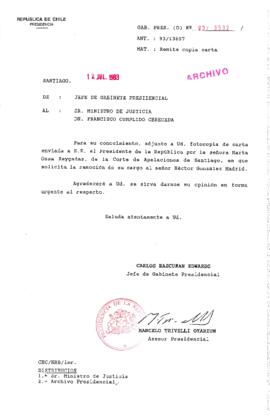 [Oficio Gab. Pres. Ord. N° 3502 de Jefe de Gabinete Presidencial, remite copia de carta que se indica]
