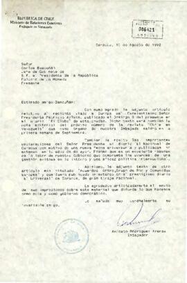 [Carta del Embajador de Chile en Venezuela adjuntando articulo de presa sobre viaje del Presidente Aylwin en Europa]