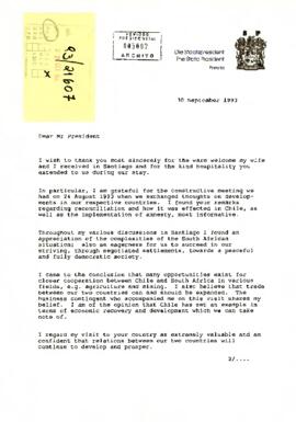 [Carta del Presidente de la Republica de Sudáfrica al Presidente Aylwin].