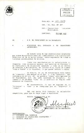 [Carta del Presidente Patricio Aylwin sobre supresión de visas a turistas de Bolivia]