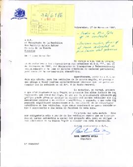 [Carta del Diputado Raúl Urrutia dirigida al Presidente Patricio Aylwin, referente a Dcecreto Supremo del Ministerio de Transportes y Telecomunicaciones]