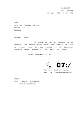 [Informa que carta fue remitida a la Gobernación Provincial Choapa, medíante Of. GAB. PRES. (0) 91/2472]