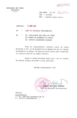 [Carta de Jefe de Gabinete de la Presidencia a Presidente de Cuerpo de Bomberos de Chile]