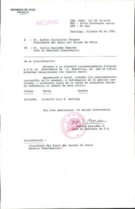 [Carta del Jefe de Gabinete de la Presidencia al Presidente del Banco del Estado de Chile]