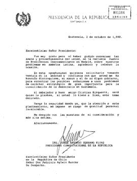 [Carta del Presidente de Guatemala dirigida al Presidente Aylwin]