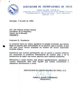 [El Presidente de la Asociación de Exportadores de Chile agradece la amable invitación del Presidente en su próximo viaje a Europa]