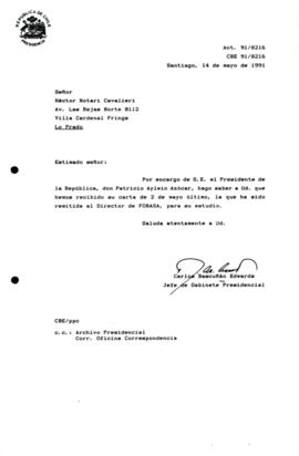 [Carta de respuesta por remisión de correspondencia enviada al Presidente, redirigiéndola  al al Director de FONASA]