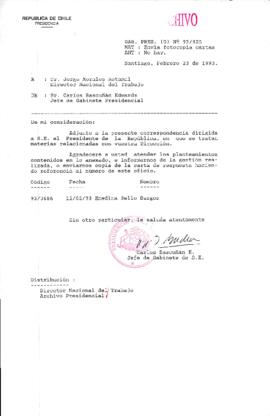 [Oficio  Gab. Pres. Ord. N° 0825 de Jefe de Gabinete Presidencial, remite copia de carta que se indica]